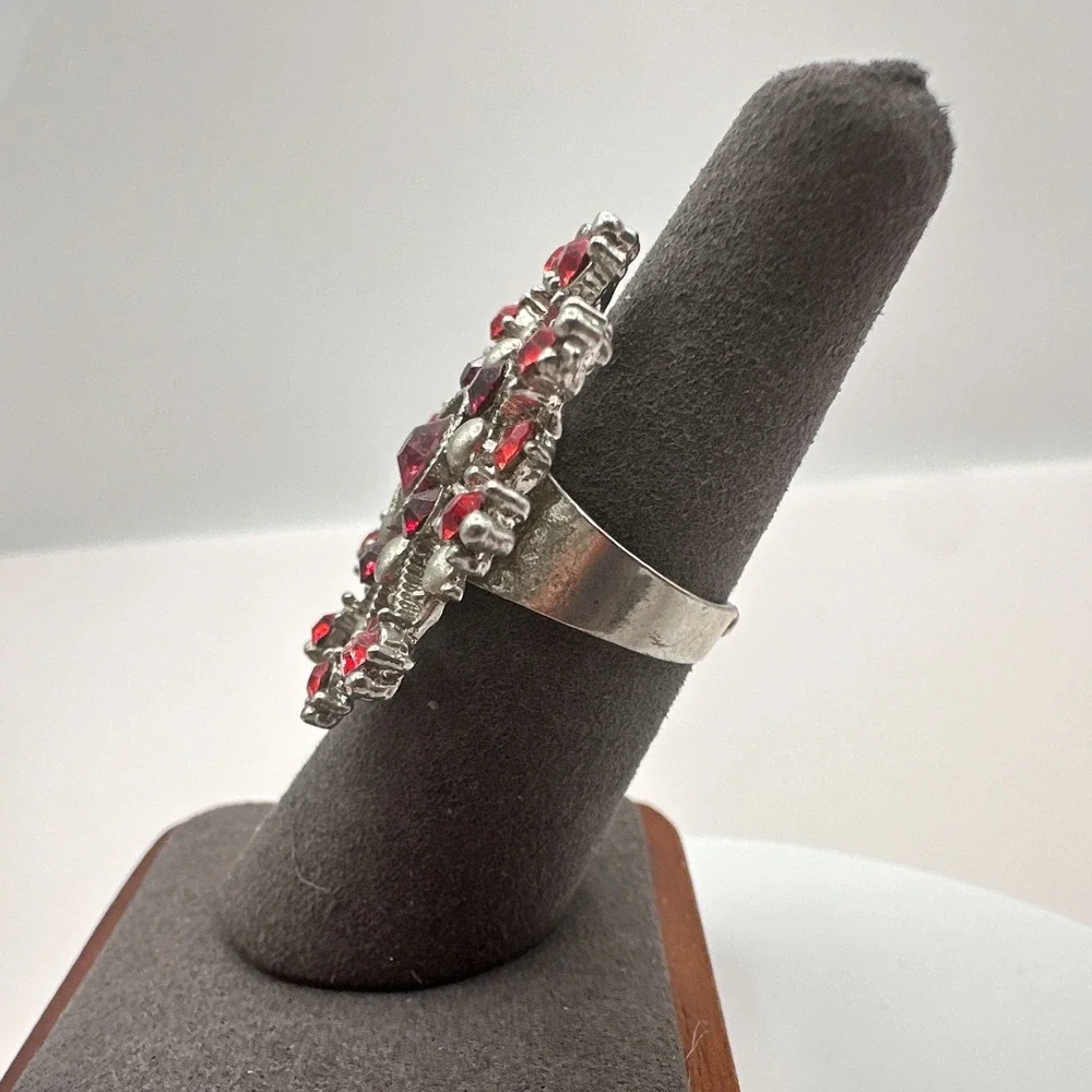 Vintage Y2K Silver Tone Snowflake Red Rhinestone Ring Women's Classic Jewelry‎